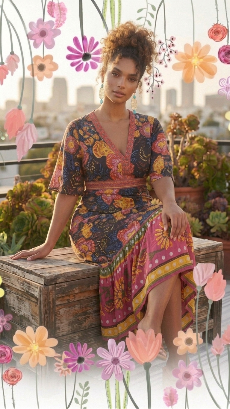 A woman sits on a wooden crate on a rooftop garden, wearing a colorful floral print dress with short flutter sleeves and a V-neckline. The dress features a mix of pink, orange, yellow, and blue patterns.