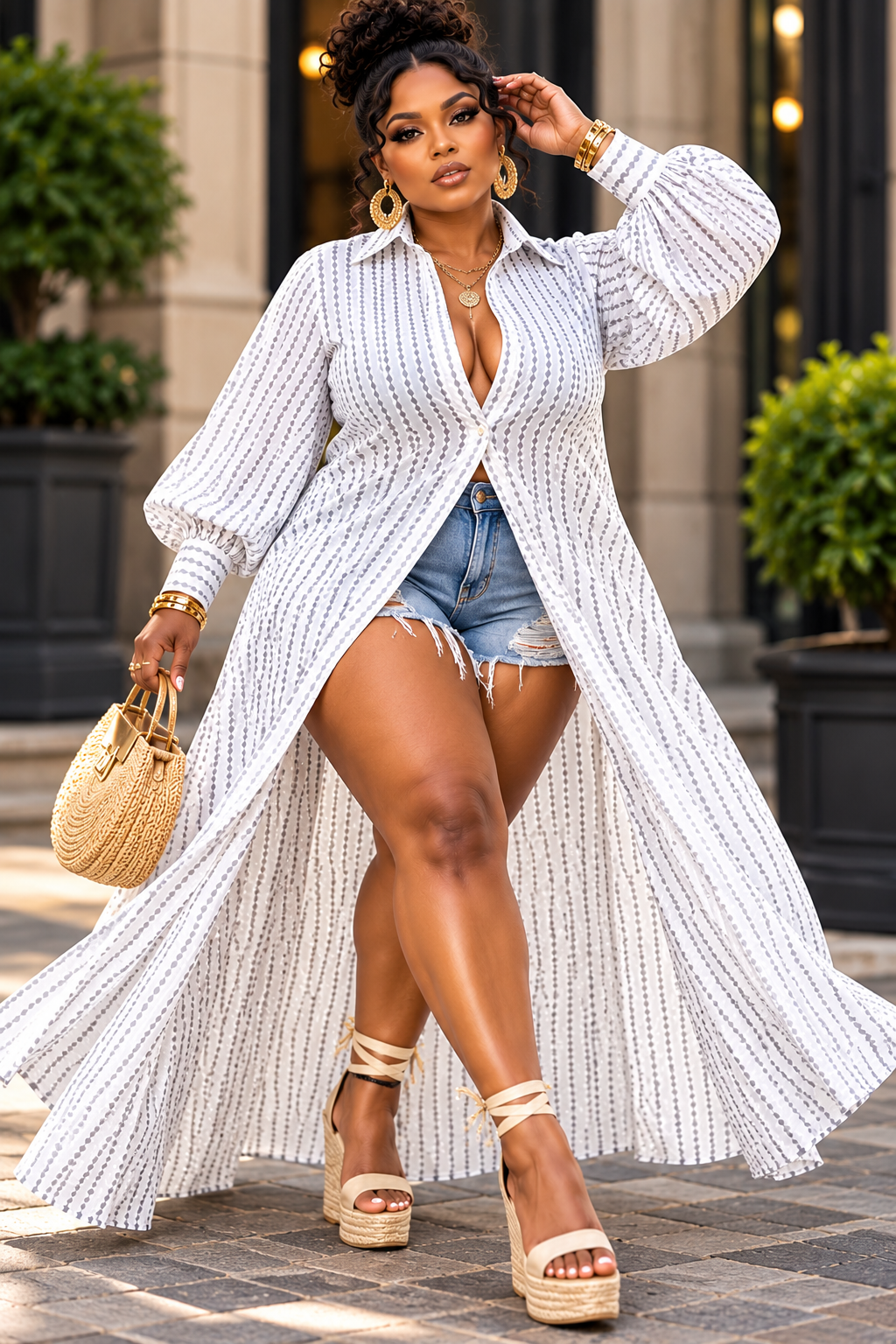 Women's Lapel Diamond Pattern  Slit Long Shirt  Dress