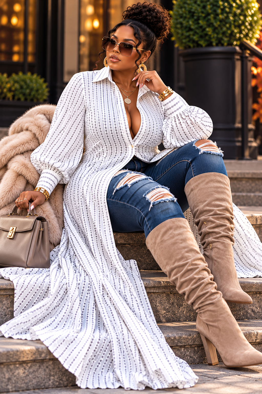 Women's Lapel Diamond Pattern  Slit Long Shirt  Dress
