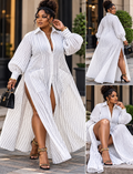 Women's Lapel Diamond Pattern  Slit Long Shirt  Dress