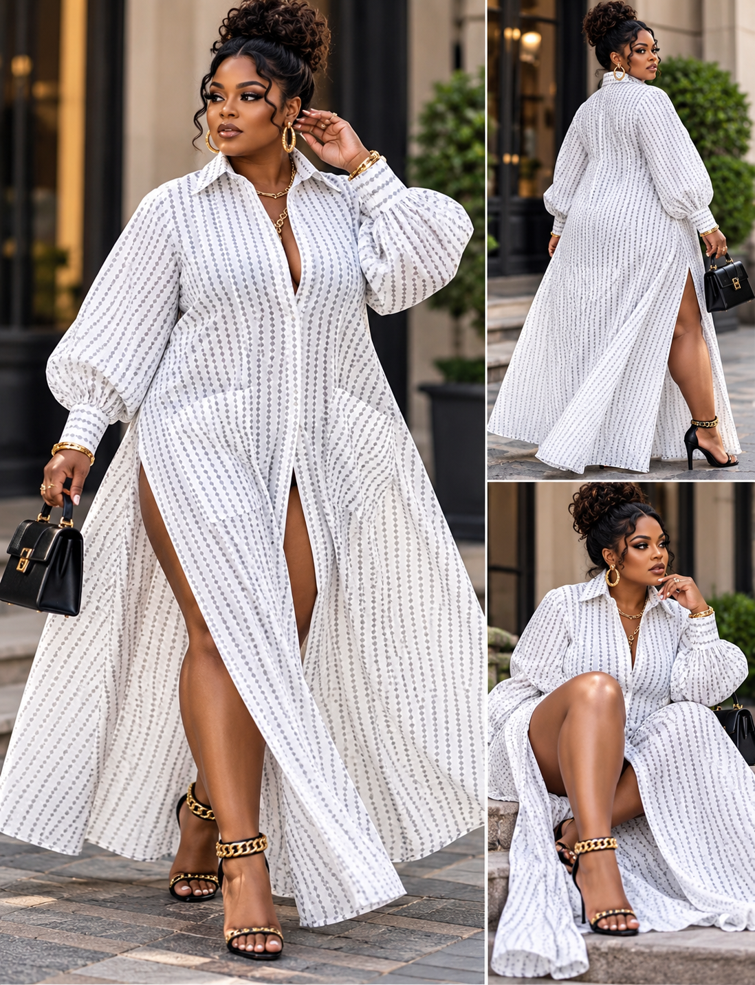 Women's Lapel Diamond Pattern  Slit Long Shirt  Dress
